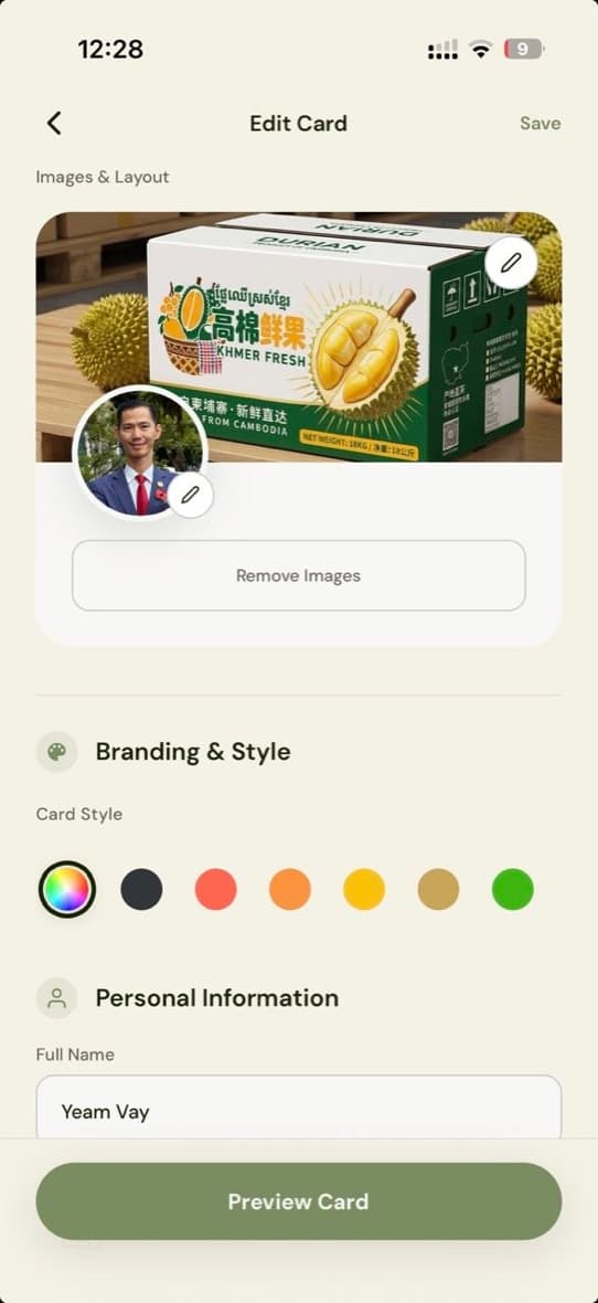 ISCard card editor with cover image and personal information
